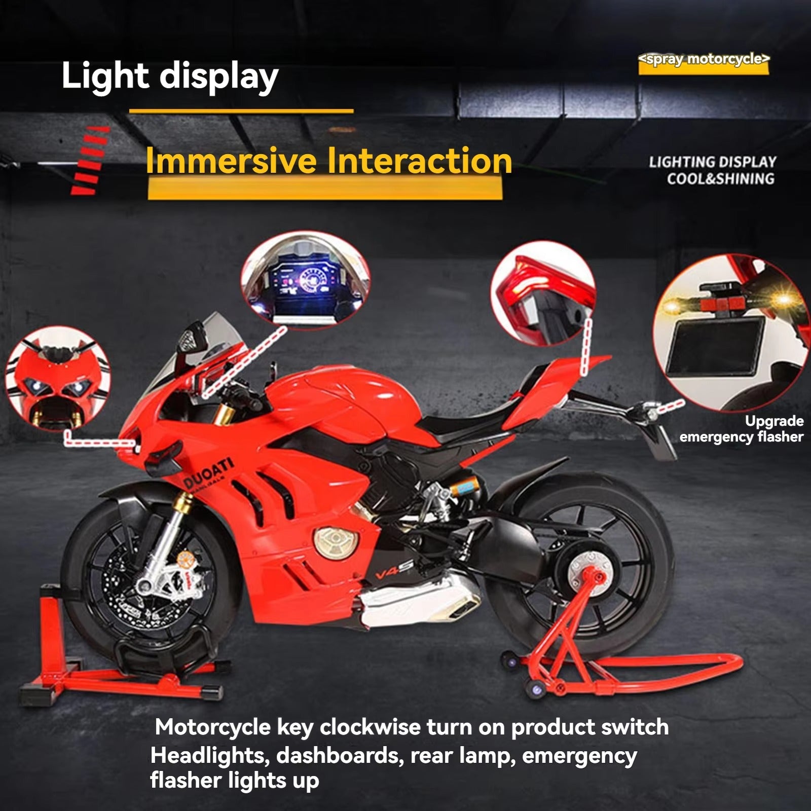 HY Hot New Style Diecast 1:6 Ducati V4S Motorcycle with Key Open Spray lights and Sound