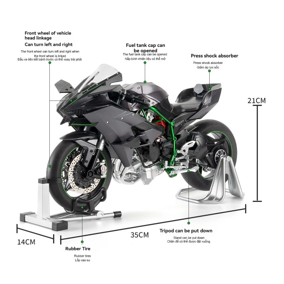 1:6 Kawasaki Ninja H2R Miniature Simulation Bike Model - Silver/Black Edition